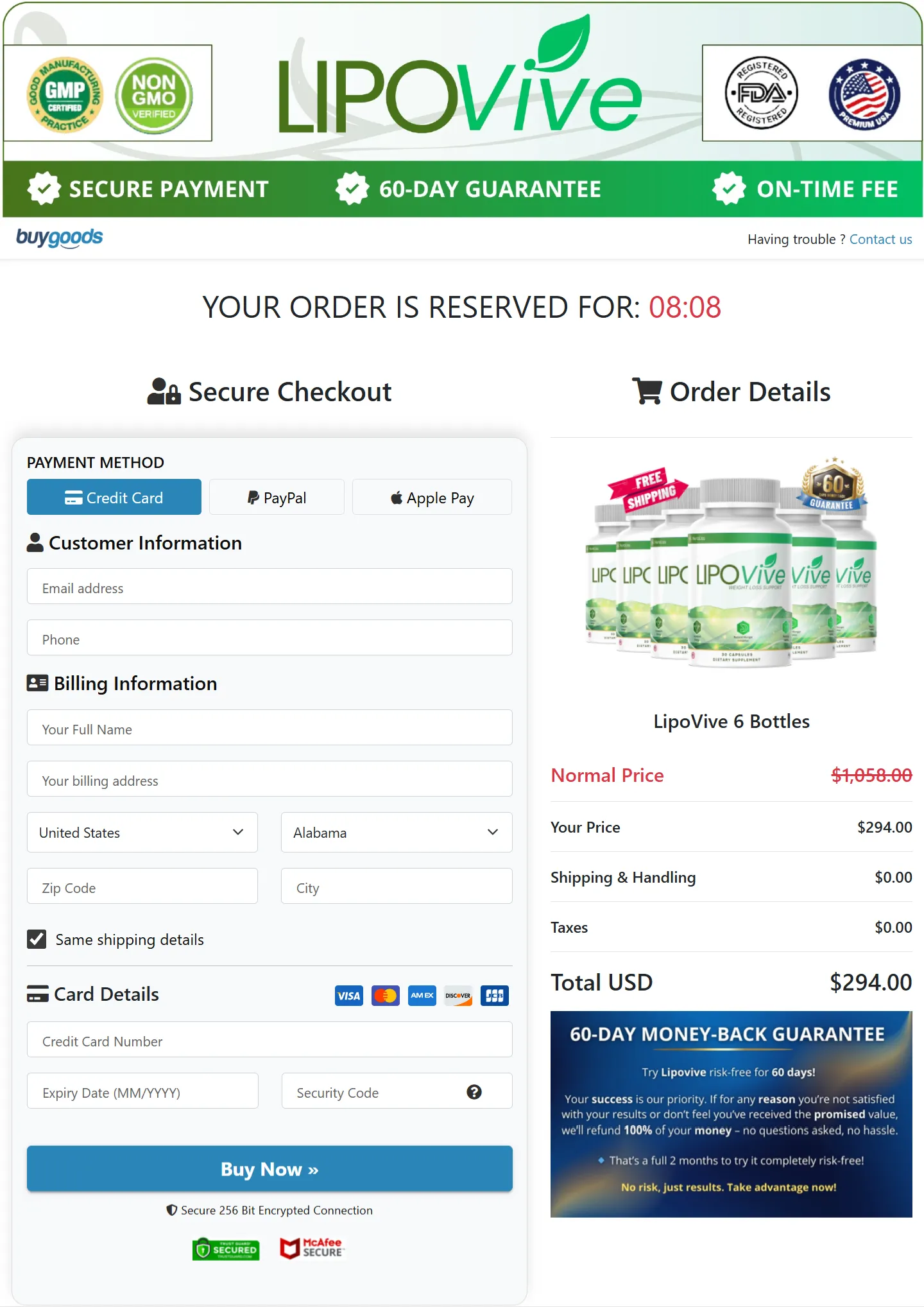 LipoVive checkout page